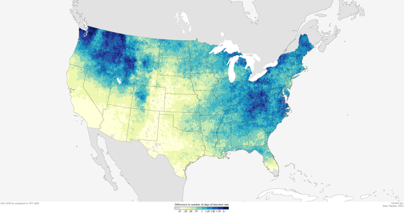 Predicted changes in the number of extreme rainfall days by 2041-2070 over a baseline period if greenhouse gas emissions continue to grow unchecked. Image: NOAA
